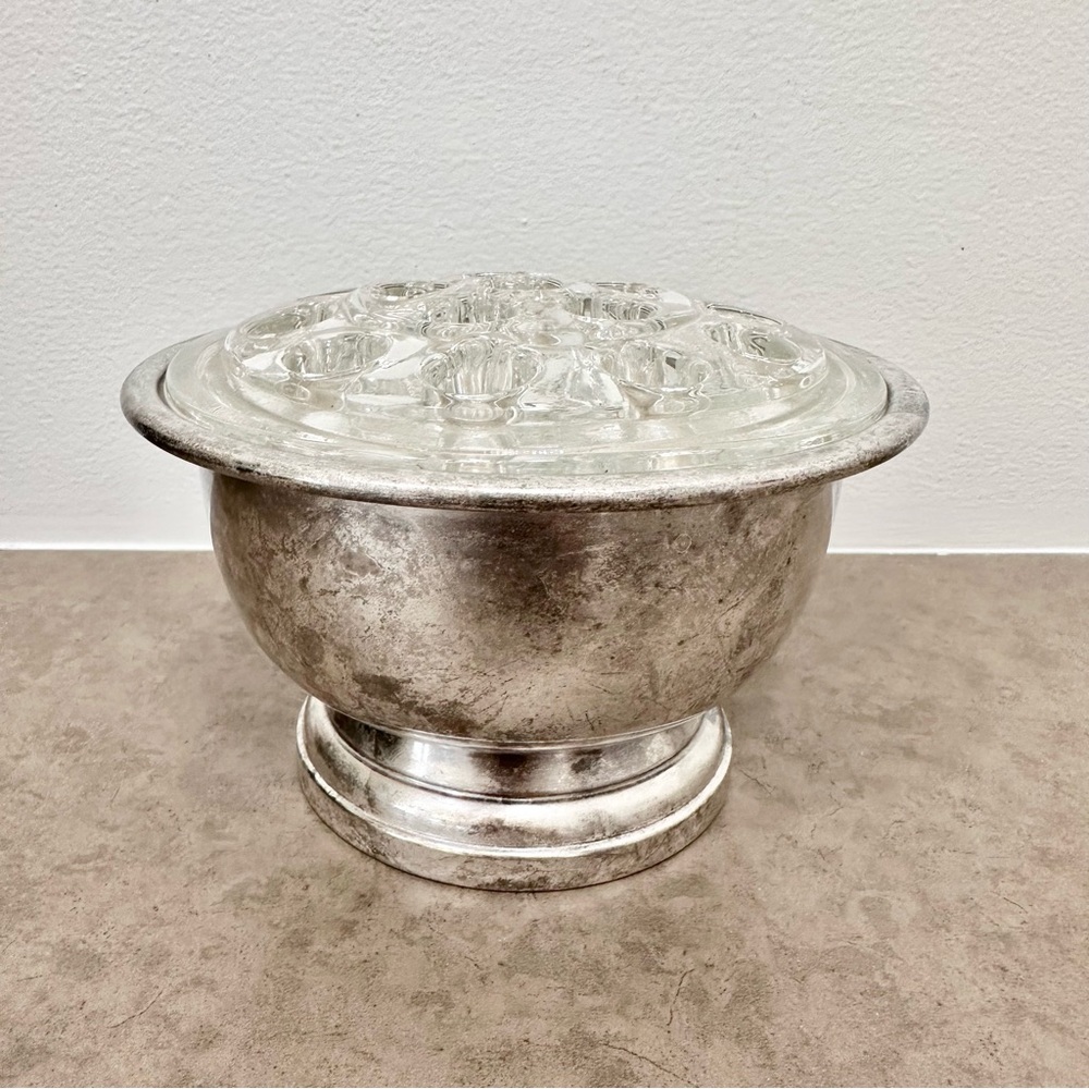 Vintage Silver Plated Flower Frog Vase Glass Insert Baldwin Silverplate Patina